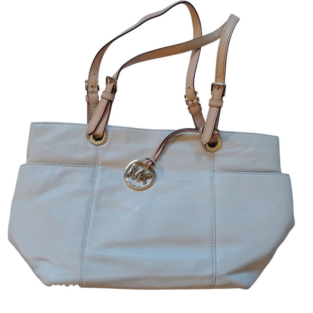 Michael Kors Beige Leather Tote Bag With Gold Metallic Interior & MK Charm